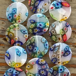 Millefiori Glass White 20mm Bead Strand, Flat Round, Large Millefiori image 6
