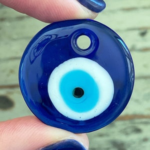 Lampwork Evil Eye Pendant, Flat Drop, Blue, 30mm