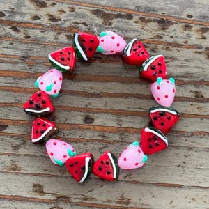 Lampwork Watermelon and Strawberry Bracelets, Glass 14mm Fruit Beaded Bracelet