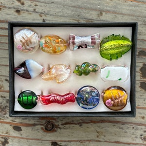 May include: A collection of 12 colorful glass beads, some with intricate designs, displayed in a black box. The beads are various shapes and sizes, including round, oval, and leaf-shaped.