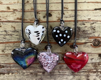 Lampwork Heart Necklace, Glass Heart on Black Corded Choker