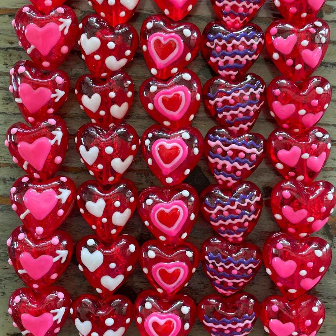 Lampwork Beads, Red Heart Shaped Glass 20mm Mixed Design Bead Etsy