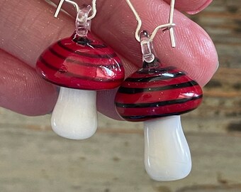 Glass Lampwork Earrings, Red Mushrooms, 25mm