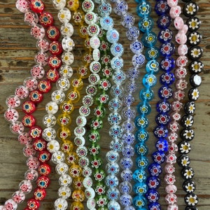 8 mm Millefiori Blumen Glasperlenstränge, einfarbig, flachrund
