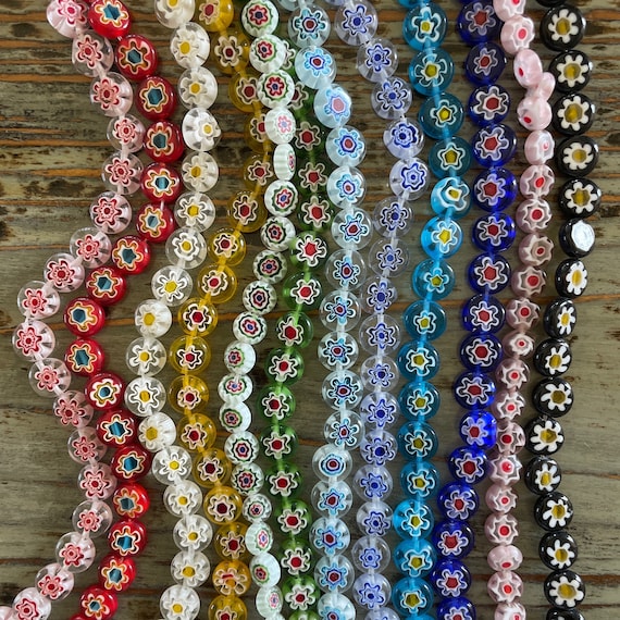 8 mm ミルフィオリフラワーガラスビーズストランド、単色、フラット