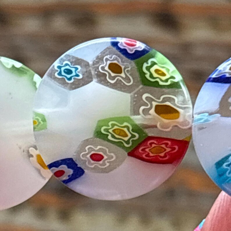 Millefiori Glass White 20mm Bead Strand, Flat Round, Large Millefiori image 4
