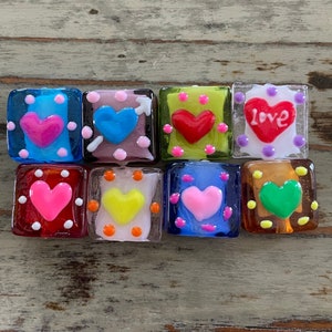 Lampwork Glass Beads, Square Shaped Glass 26mm Mixed Heart Design Bead