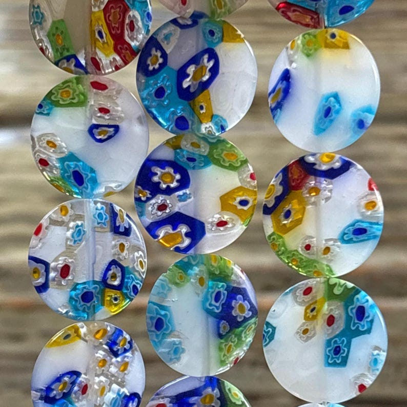 Millefiori Glass White 20mm Bead Strand, Flat Round, Large Millefiori image 5