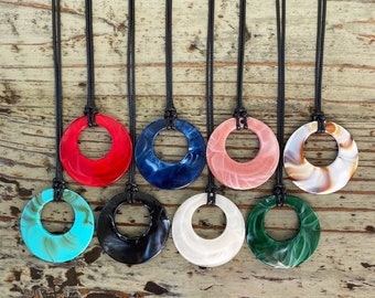 Plastic Disc Pendant Necklace: Corded Choker, 46mm Disc
