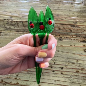 Glass Leaf Stems with Ladybug-Beautiful Lampwork 6”