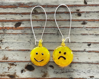 Glass Smiley Face Earrings, 28mm Lampwork Smiley Faces