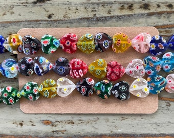 Millefiori Heart Beads, Mixed Color Heart Lampwork Bead Strands, 12mm