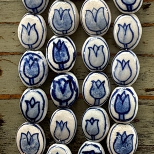 Blue and White Flower Bead Strand, 14mm Ceramic Porcelain Flower Beads