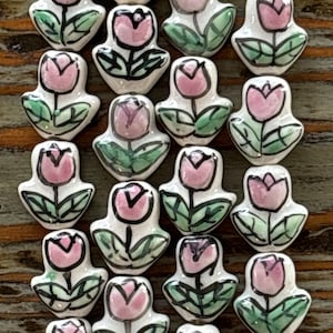Pink and White Flower Bead Strand, 16mm Ceramic Porcelain Flower Beads