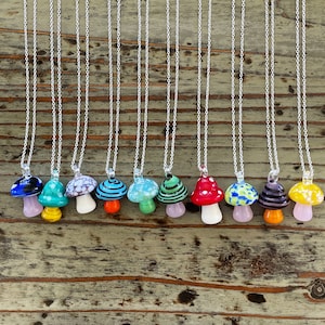 Mushroom Necklace, Lampwork Glass 32mm Mushrooms on Silver Chain