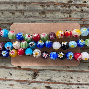 Millefiori 10mm Round Glass Bead Strands, Mixed Color Single Flower