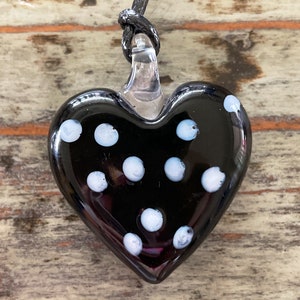 Lampwork Heart Necklace, Glass Heart on Black Corded Choker Black Polka Dots