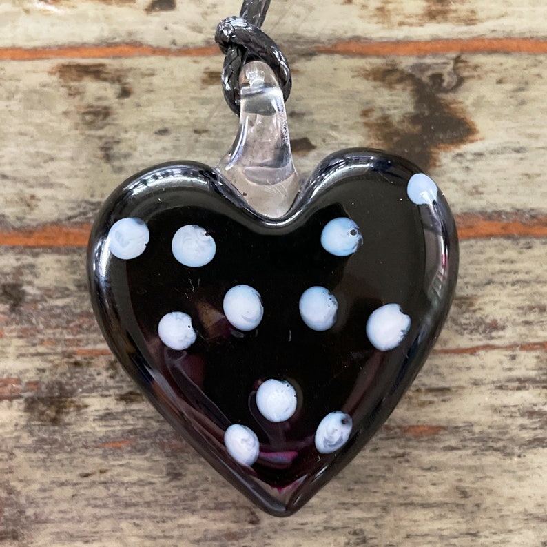 Lampwork Heart Necklace, Glass Heart on Black Corded Choker Black Polka Dots