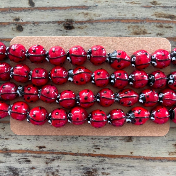 Lampwork Bead Strands, Glass Ladybugs, Red Ladybug Shaped 14mm Beads