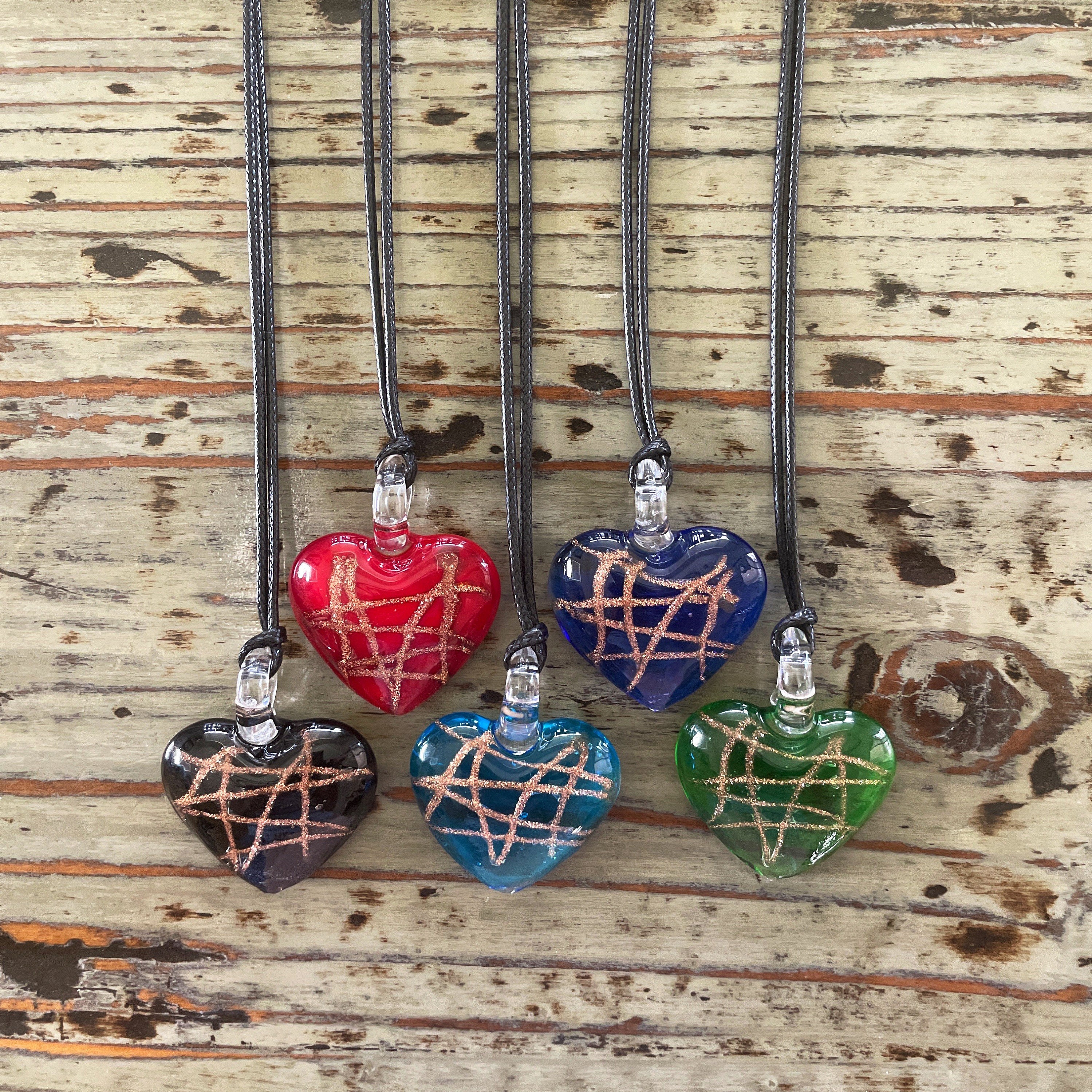 Lampwork Necklace, Heart, Black Corded Choker 40mm Hearts
