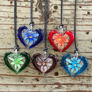 Lampwork Glass Heart Necklace, Black Corded Choker 40mm Hearts