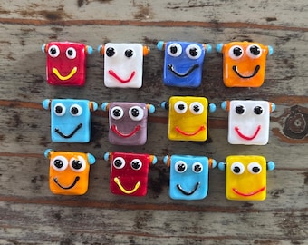Lampwork Square Robot Face Beads: Colorful Glass Beads (14 Piece)