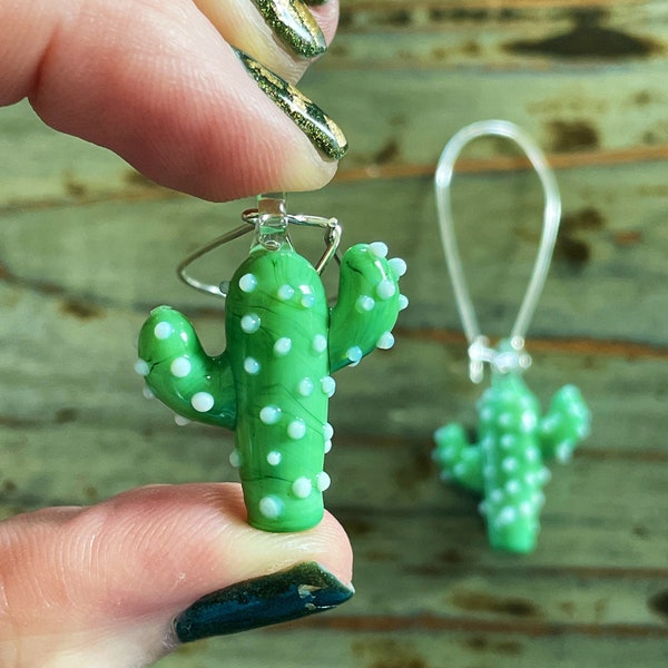 Glass Cactus Earrings, Saguaro Cacti, 30mm