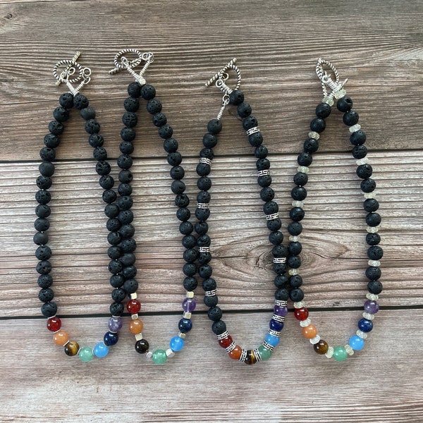 Chakra Chokers with Black Lava Beads, Perfect for Diffusing Oils