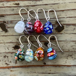 Millefiori Earrings, Glass Drop Muticolor Modern Silver Backing