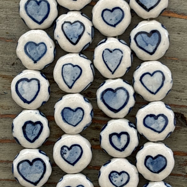 Blue and White Heart Bead Strand, 14mm Ceramic Porcelain Heart Beads