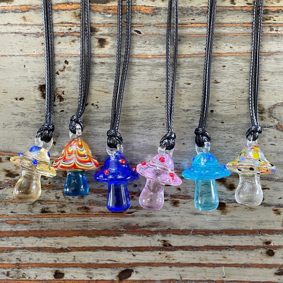 Lampwork Mushroom Necklace, Lampwork Glass 32mm Mushrooms on Black Cord