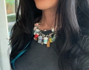 Coffee Necklace, Acrylic Starbucks Pendants on Silver Paperclip Chain