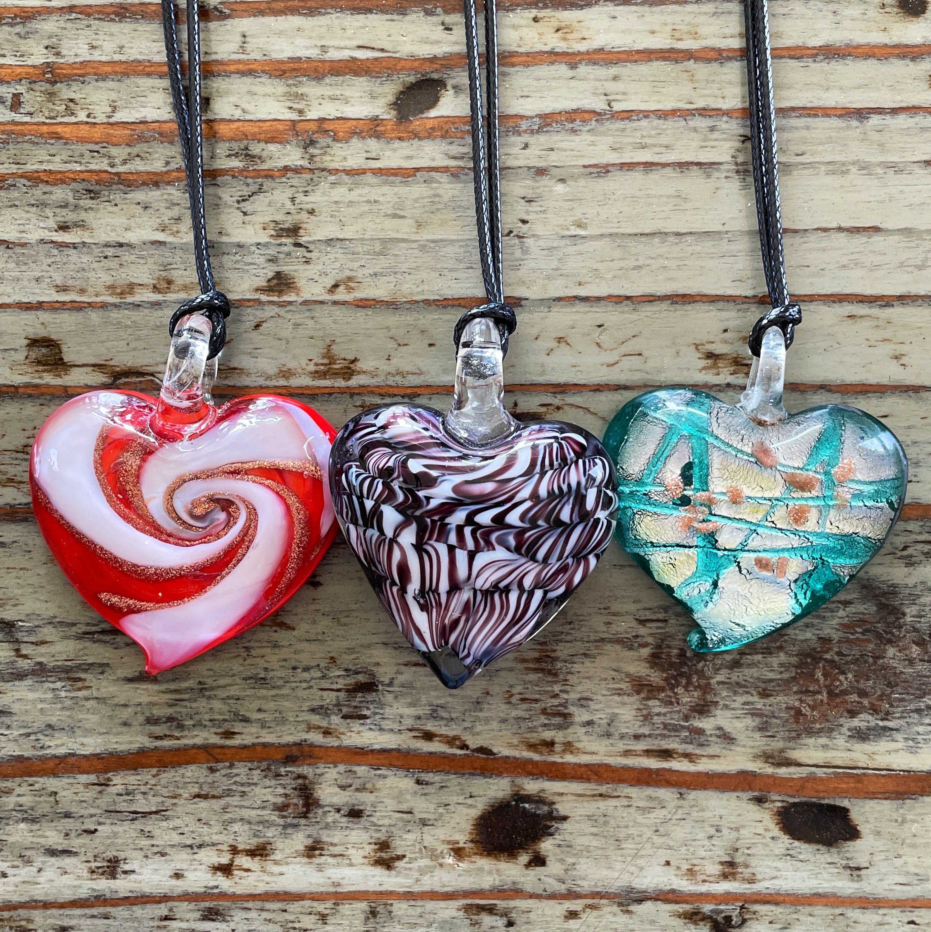 Glass Heart Necklace, Black Corded Choker 35~45mm Lampwork