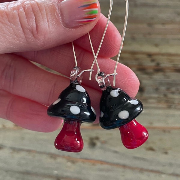 Glass Lampwork Earrings, Black and Red Mushrooms, 25mm