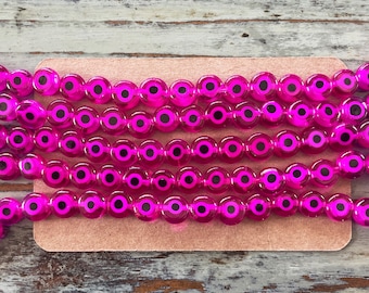 Magenta Evil Eye Lampwork Glass Beads: 8mm Flat Round