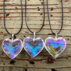Iridescent Heart Glass Necklace, 42mm Iridescent Large Heart Pendant on Black Cord