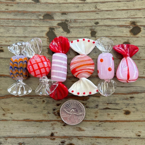 Lampwork Glass Candy, 2” Old Fashioned Pink Christmas Candy