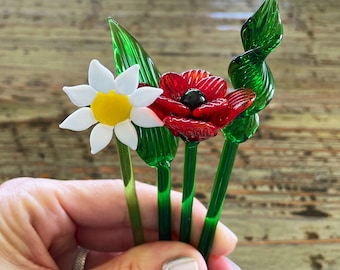 Lampwork Glass Flower Stem: 6" Decorative Floral Pick