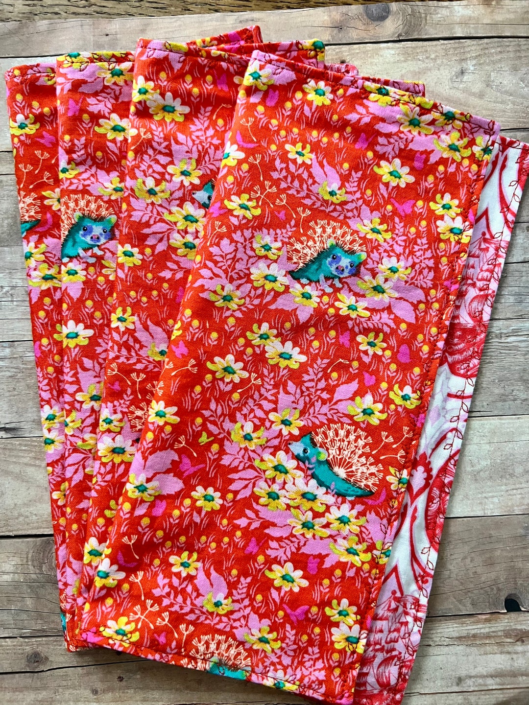 Cloth Napkins Set of 4 OR 6 Tula Pink Hedgehogs and Ships 100 Cotton