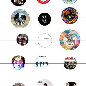 Puede incluir: Una colección de portadas de álbumes de los Beatles con varias imágenes de los miembros de la banda, incluida una portada con los miembros de la banda cruzando Abbey Road, una portada con los miembros de la banda en un diseño psicodélico y una portada con los miembros de la banda en un estilo de retrato más tradicional.