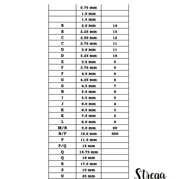 Crochet Hook Size Chart - Etsy