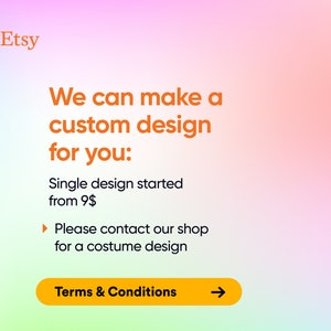 Może przedstawiać: Kolorowa grafika z tekstem "Etsy" i komunikatem "Możemy stworzyć dla Ciebie spersonalizowany projekt: Pojedynczy projekt od 9 $". Przycisk z tekstem "Warunki i zasady" i strzałką wskazującą w prawo.