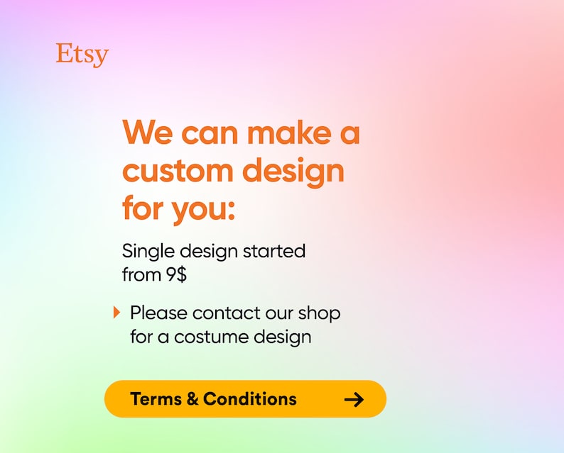 Może przedstawiać: Kolorowa grafika z tekstem "Etsy" i komunikatem "Możemy stworzyć dla Ciebie spersonalizowany projekt: Pojedynczy projekt od 9 $". Przycisk z tekstem "Warunki i zasady" i strzałką wskazującą w prawo.