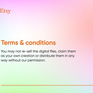 Może przedstawiać: Obraz tekstowy z tłem w kolorze tęczy. Tekst głosi "Etsy" w kolorze białym i "Warunki i zasady" w kolorze pomarańczowym. Tekst poniżej głosi "Nie wolno odsprzedawać plik&oacute;w cyfrowych, rościć sobie prawa do ich autorstwa ani rozpowszechniać ich w jakikolwiek spos&oacute;b bez naszej zgody."