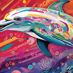 Playful Dolphin: "Energetic Ocean Acrobat - Pop Art Digital Poster Print - 1456x816px - High Quality"