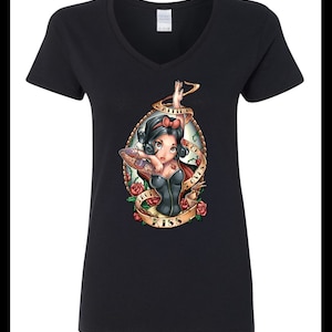 Snow White Punk Rock Tattoo Princess &quot;Waiting for Loves True Kiss&quot; Character Unisex Crew Neck or Ladies Semi-Fitted V-Neck T-Shirt