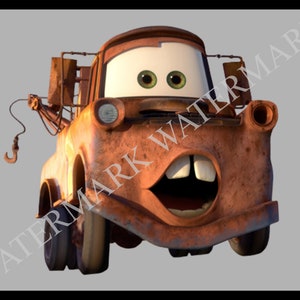 Peut inclure: Un camion de remorquage de dessin anim&eacute; orange rouill&eacute; avec une bouche grande ouverte, montrant des dents blanches. Le camion de remorquage a des yeux verts et un pare-brise blanc. Le camion de remorquage est sur un fond gris.