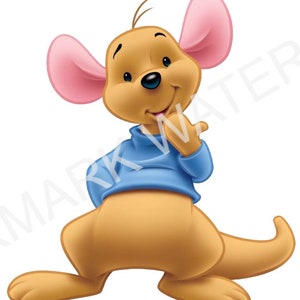 May include: A cartoon kangaroo with brown fur, pink ears, and a blue sweater. The kangaroo is smiling and has its hand on its chin.