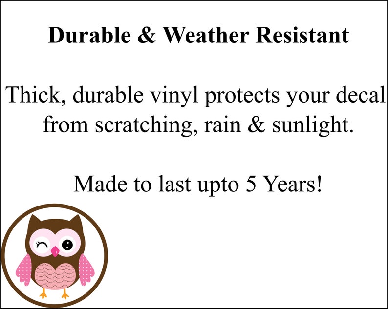 Peut inclure: Un hibou brun et rose avec un &oelig;il qui cligne. Le texte indique "Durable & Weather Resistant" et "Thick, durable vinyl protects your decal from scratching, rain & sunlight. Made to last upto 5 Years!"