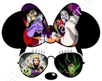 Minnie Sunglasses and Bow Villains Maleficent Hook Cruella Evil Queen Heat Transfer Vinyl or Sublimation Printed Design